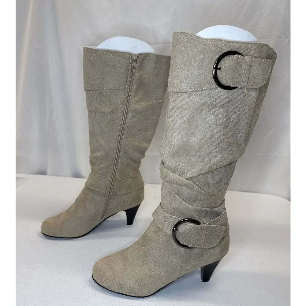 Women’s Suede Slouchy Knee High Boots Brown Buckle Kitten Heel EU 41 Fits US 8.5